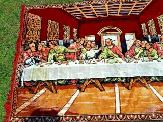 Vintage 1970 ' s Da Vinci Last Supper Jesus Tapestry Rug Large Fringed Estate 2