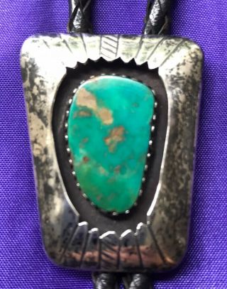 Vintage Native American Sterling Silver & Turquoise Shadow Box Bolo Tie