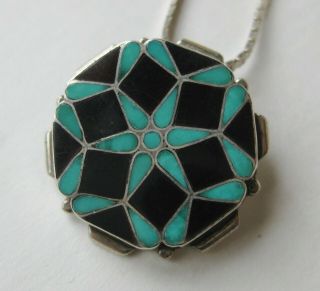 Vintage Zuni Indian Sterling Silver Turquoise Inlay Necklace Pendant & Chain