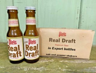 Vintage Piels Real Draft Beer Salt & Pepper Shakers Set W Box 4 " Mini Bottles