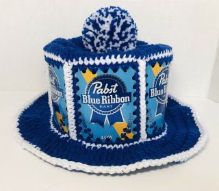 Handmade Crochet Pabst Blue Ribbon Easy Beer Can Hat Retro Party Cap