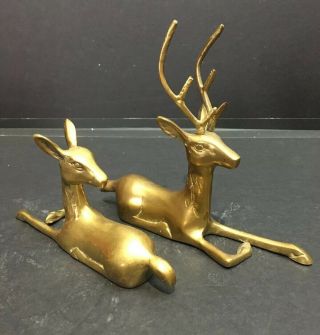Vintage Brass Deer Elk Laying Buck & Doe Figures Mid Century Modern