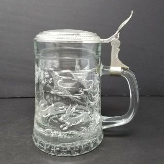 Vintage W Germany Pewter Etched Glass Beer Stein Pheasant And Rabbits 7 "