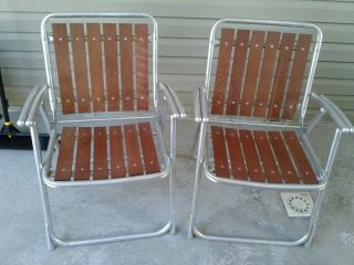 Vintage Retro Aluminum & Redwood Folding Lawn Patio Chairs Set Of 2