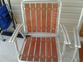 Vintage Retro Aluminum & Redwood Folding Lawn Patio Chairs Set Of 2 3