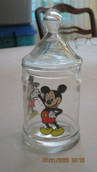 Vintage Disney Mickey Mouse Clear Glass Apothecary Candy Jar W/ Lid 6 " H