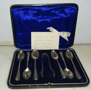 Set Of Edwardian Solid Silver Tea Spoons & Sugar Tongs By George William Harvey