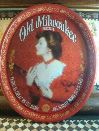 Old Milwaukee Beer Jos Schlitz Brewing Co Victorian Lady In Red Advertising Tray