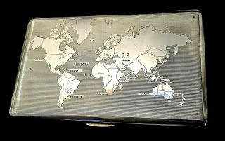 Vintage 1950 Silver Cigarette Vesta Case Map Of The World In Orig Pouch