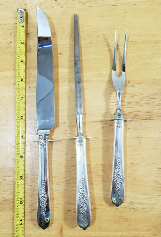Nobility Vtg 1939 Royal Rose Silverplated Carving Set/ Knife Fork & Sharpener