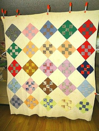 Vintage Squares In Diamond Patchwork Quilt Hand Made Hand Pieced 70 X 82 Cotton