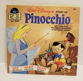 1977 Walt Disney Pinocchio 24 Page See Hear Read A Long Book With Record (311)