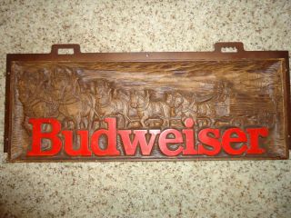 Vintage Budweiser Beer 3 - D Sign Faux Wood Rare With Clydsdale Team And Wagon