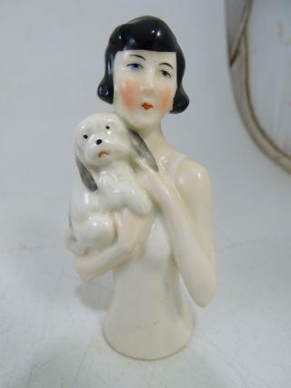 Antique German Pin Cushion Half Doll Figurine Art Deco Lady Dog Figurine Vintage