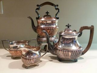 Vintage 5 Piece Fluted Silver On Copper Coffee/tea Set W/ Stand