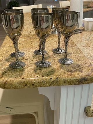 6 Godinger Silver Plate Goblets Wine Glasses Grape Vine Embossed