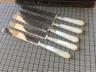 Antique Set 5 Mother Of Pearl & Sterling Silver Flatware Knives