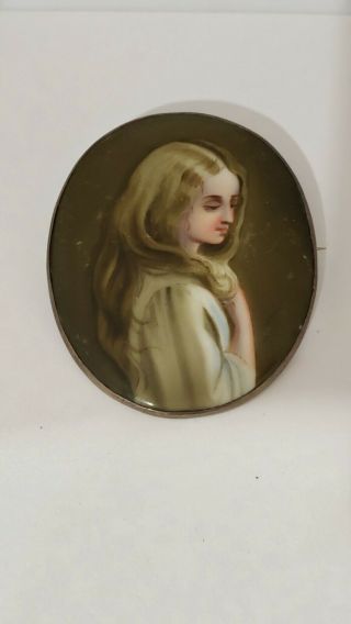 Vintage Hand Painted Portrait On Porcelain Lady Brooch Pin,  Sterling Framed