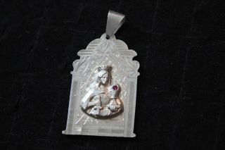 Sterling Silver Saint Barbara Virgin Mary Charm Ruby Pendant Vtg Medallion