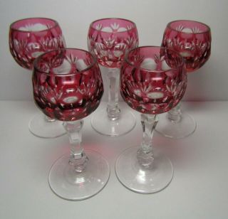 Vintage Bohemian Cranberry Cut To Clear Set Of 5 Liqueur 4¼ " Glasses