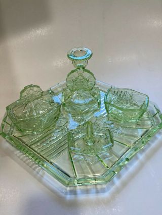 Vintage Depression Glass Green Vaseline Dresser Vanity Set 6 Piece Art Deco