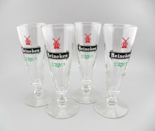 Set Of 4 Heineken Beer Classy Pedestal 7 1/2 " Tall Pilsner Glasses Windmill Euc