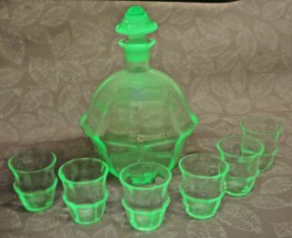 Vintage 7 " Green Vaseline Glass Decanter W/ Stopper & 6 Liqueur Shot Glasses