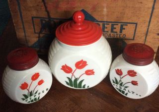 Vintage Anchor Hocking Fire King Vitrock Red Tulip Grease Jar,  Salt & Pepper Evc