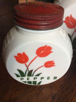 VINTAGE Anchor Hocking Fire King Vitrock Red Tulip Grease Jar,  Salt & Pepper EVC 2
