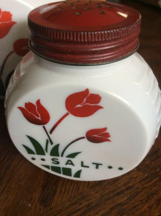 VINTAGE Anchor Hocking Fire King Vitrock Red Tulip Grease Jar,  Salt & Pepper EVC 3