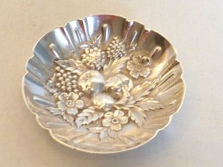 Sterling Small Round Ring Dish On Ball Feet,  Kirk " Repousse " W/ Fruits & Leaves