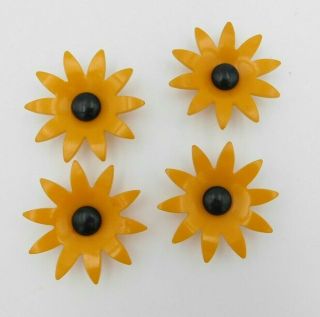 Vintage Set Of 4 Butterscotch Bakelite Sunflower Buttons