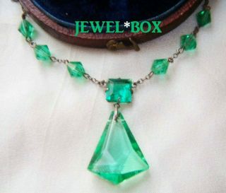 Art Deco Sterling Silver Green Drop Uranium Open Back Crystal Vintage Necklace