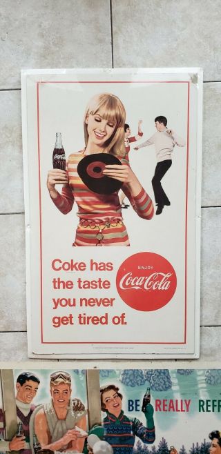 2 Vintage c.  1950 ' s - 1960 ' s Coca Cola Cardboard Litho Soda Signs 2