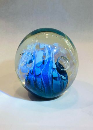 Signed Vintage Robert Eickholt Large Blue Encased Art Glass Orb