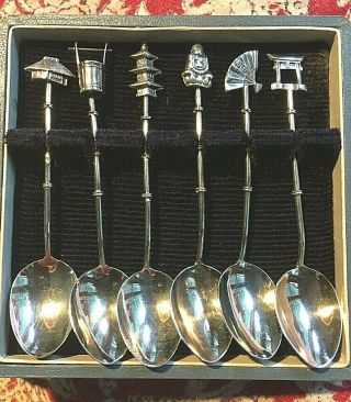 Set Of 6 - Vintage Sterling Silver Japanese Demitasse Spoons 3.  5” Long - In Case