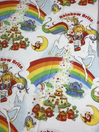 Vtg Rainbow Brite Twin Bed Sheet Set Flat Fitted Pillowcase 1983 Fabric Material