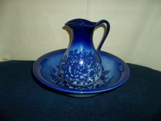 Vintage Empress Staffordshire England Flow Blue Pitcher& Bowl Set