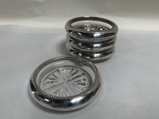 Vintage Set Of " 4 " F.  Rogers Silver Co.  Sterling And Glass Coasters (b8)