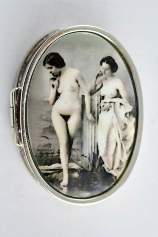 Victorian Style Hand Painted Enamel Erotic Lady Oval Pill Box 925 Silver