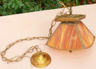 Vintage Mid Century Modern Amber Glass Hanging Swag Lamp Pendant Light Kitchen