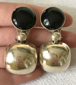 Vintage Taxco 925 Mexico Sterling Silver Onyx Drop Clip - On Earrings
