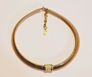 Vintage Christian Dior Gold Plated Crystal Accent Omega Chain Collar Necklace