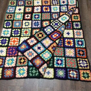 Vintage Crochet Afghan Black Multicolor Granny Squares Handmade Throw 60x76 Boho