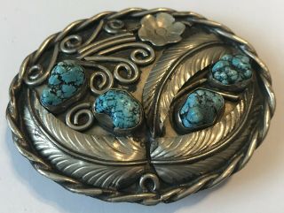 A Large Signed Vintage Sterling Silver Navajo Indian Belt Buckle With Turquoise