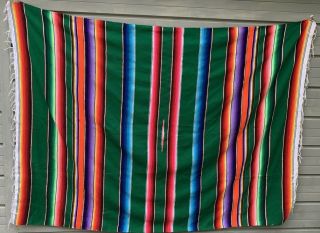 Vintage Mexican Blanket 84 " X 58 " Serape Fringe Green Bright Southwest Wool