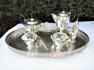 Large Vintage Silver Plated Gallery Tray With Tea Set - Viners