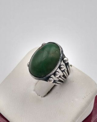 Vintage Sterling Silver Oily Green Turquoise Ring 1940s Snakes Size 5