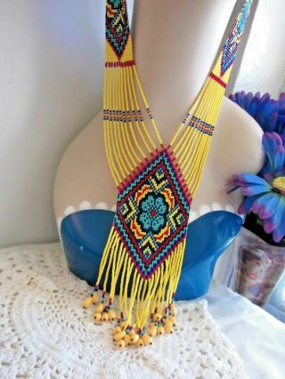 Vtg Native American Hand Made Glass Seed Beads Multistrand Necklace Yellow Red