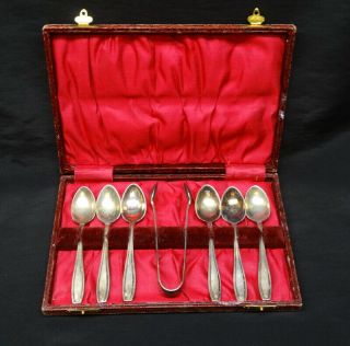 Antique Sheffield England Silver Plate 6 Tea Spoon & Sugar Tongs Leather Box Set